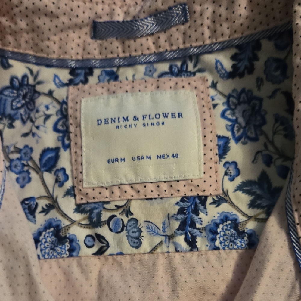 Denim & Flower Pink Polka Dot Shirt with Blue Floral Accents